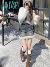 Lunivop Women’s Plush Patchwork Denim Short Skirt Harajuku Korean 90S Y2K Streetwear Fashion